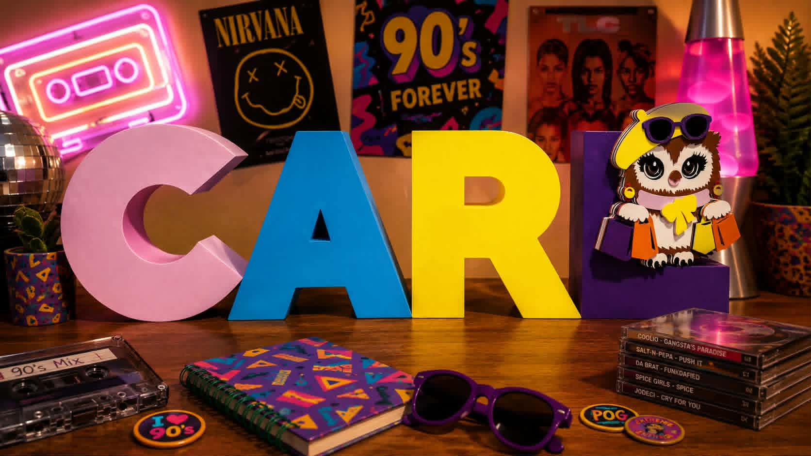 A styled tabletop scene with large pastel letters spelling your name, surrounded by retro decor including neon cassette and lava lamp signs, 90s posters, sunglasses, a notebook, CDs, and a small owl character on a purple block.
